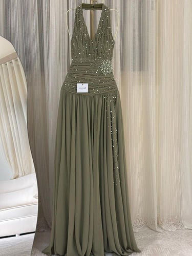 فستان سهره زيتي شيفون كلوش تطريز لؤلؤ