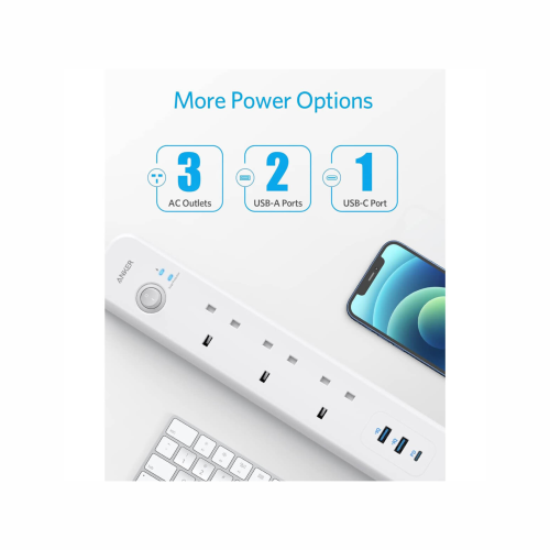 توصيلة من أنكر 3 منافذ طاقة ومنفذين USB ومنفذ PD ب...