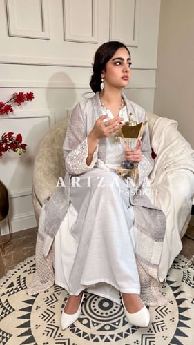 جلابيه ابيض بيج قطعتين