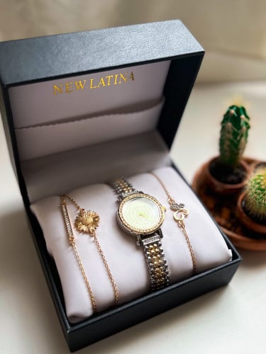 طقم ساعة نسائية بميناء فصوص من الكريستال+3اساور