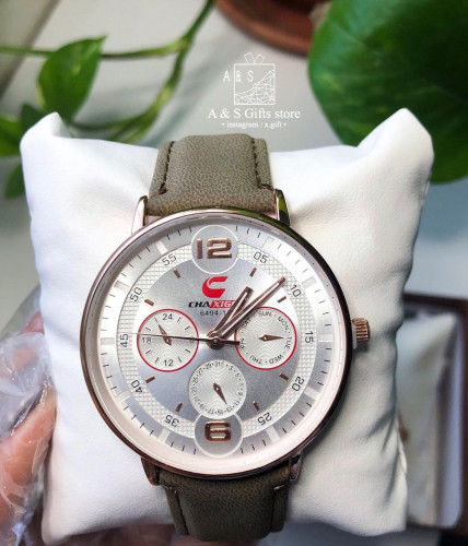 ساعة رجاليه بسوار من الجلد الرمادي بتصميم كلاسيك