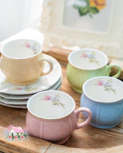 3755 كوب للشاي باستيل مورد مع صحن - أخضر