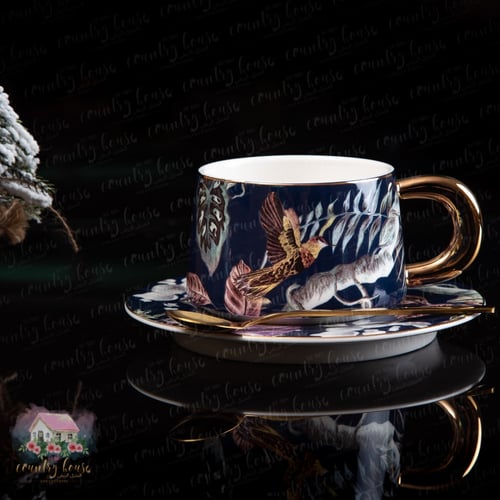 2036 كوب كلاسيكي أنيق مع ملعقة وصحن (كحلي)