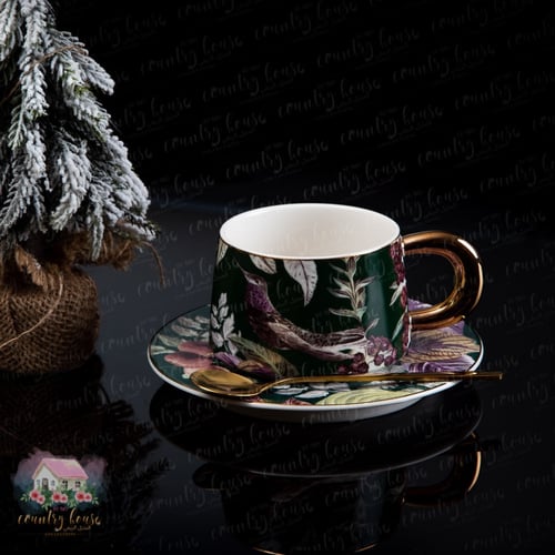 2013 كوب كلاسيكي أنيق مع ملعقة وصحن (أخضر )