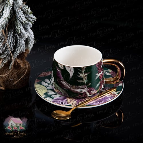 2013 كوب كلاسيكي أنيق مع ملعقة وصحن (أخضر )