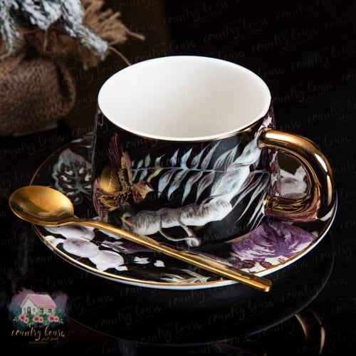 2022 كوب كلاسيكي أنيق مع ملعقة وصحن (أسود)