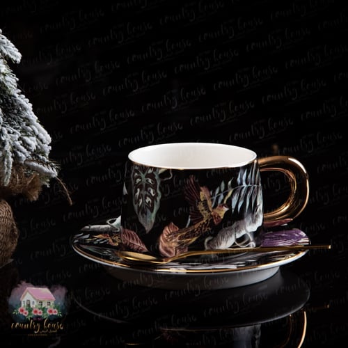 2022 كوب كلاسيكي أنيق مع ملعقة وصحن (أسود)