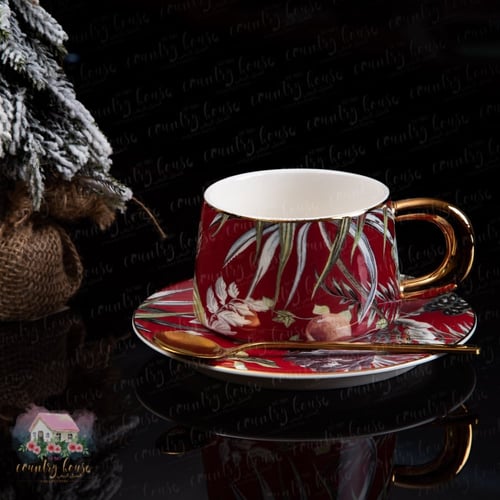 2028 كوب كلاسيكي أنيق مع ملعقة وصحن (أحمر)