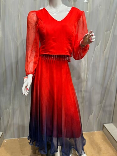 قطعتين تنوره و بلوزه اورنج و ازرق مموج