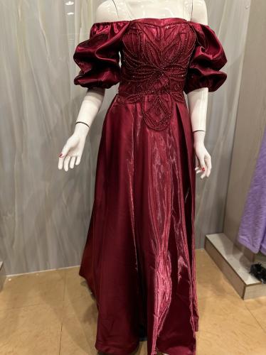 فستان احمر طويل اكمام بُف