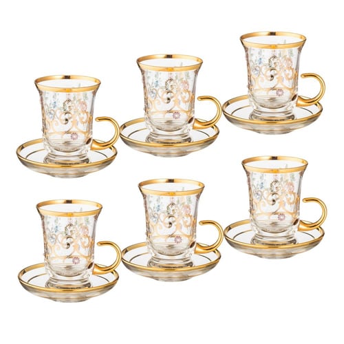 طقم شاي كريستال تركي فاخر 6 كاسات + 6 صحون