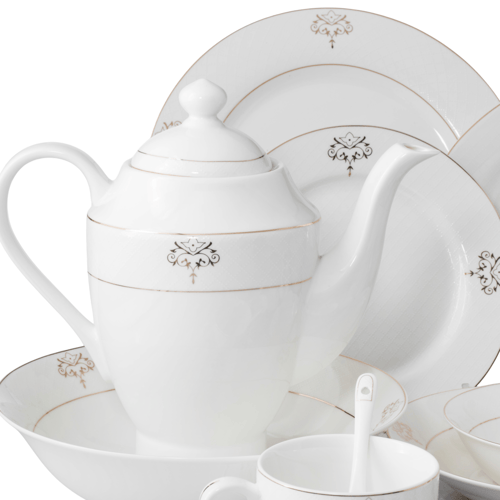 طقم سفرة بورسلان ابيض وذهبي مدور مزخرف 70 قطعة 6 ا...