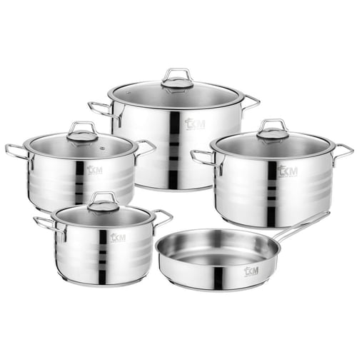 طقم قدور استانلس استيل فاخر 18/10 مكون من 9 قطع غط...