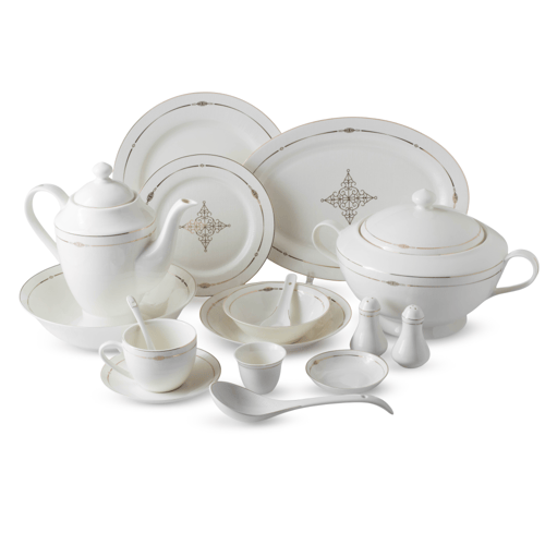 طقم سفرة بورسلان ابيض وذهبي مدور مزخرف 70 قطعة 6 ا...