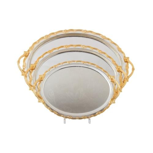 طقم صواني معدن منقوش فضي ذهبي 3 قطعة