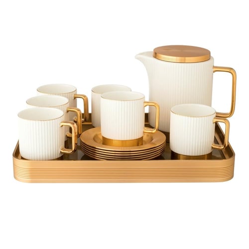طقم فناجين شاي فاخر من البورسلان مع براد وصينية 14...