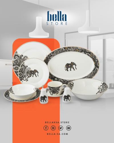 طقم سفرة بورسلان فاخر 40 قطعة مزخرف اسود 6 اشخاص