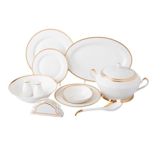 طقم سفرة بورسلان ابيض بون شاينا منقوش ذهبي 35 قطعة...