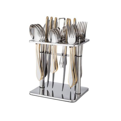 طقم ملاعق وشوك خدمة استيل وذهبي 24 قطعة مع استاند