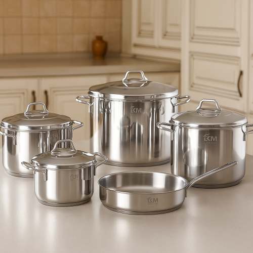 طقم قدور استانلس استيل فاخر 18/10 مكون من 9 قطع صن...