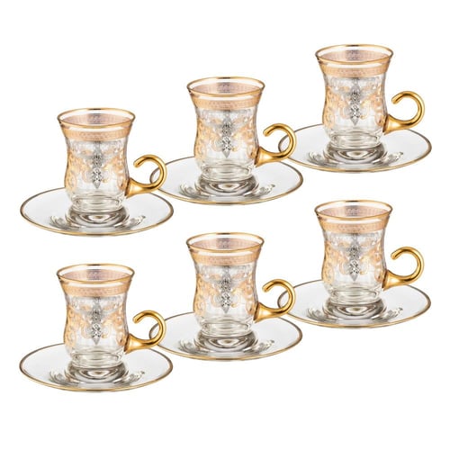 طقم شاي كريستال تركي فاخر 6 كاسات + 6 صحون