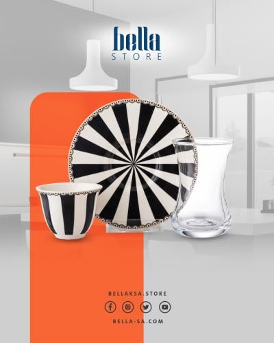 طقم شاي وقهوة 18 قطعة نقش ابيض واسود 6 اشخاص