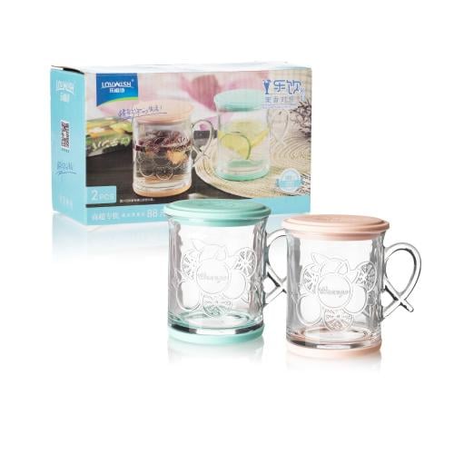 طقم اكواب زجاج 2 قطعة بغطاء
