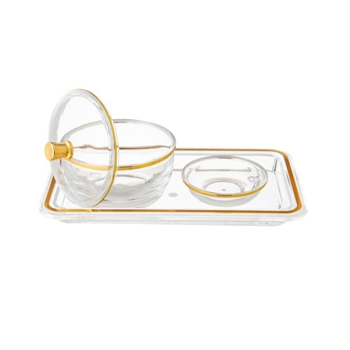 طقم تقديم تمرية مع صحن نوى اكريلك ذهبي 3 قطعة