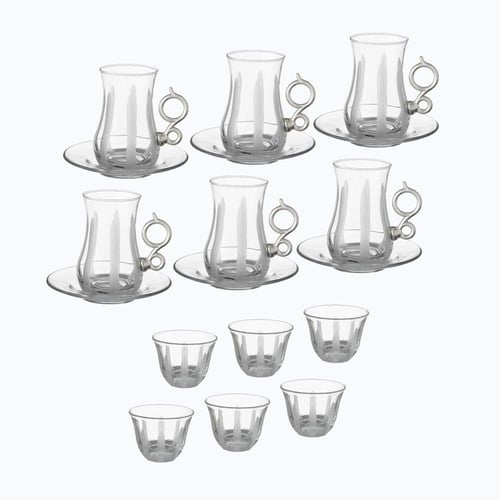 طقم شاي وقهوة 18 قطعة زجاج تركي محفور