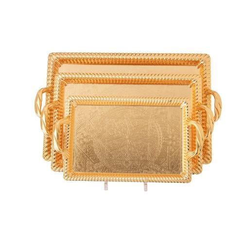 طقم صواني معدن منقوش ذهبي 3 قطعة