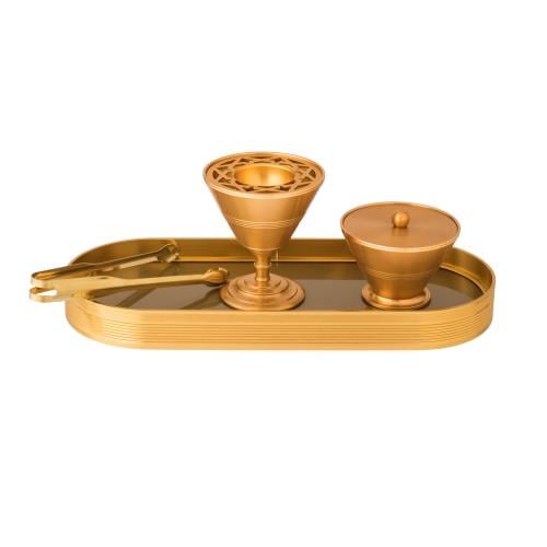 طقم مبخرة وعلبة للعود من المعدن مع تبسي وملقط ذهبي