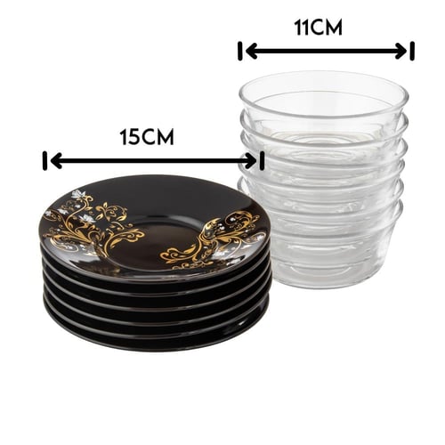 طقم 6 زبادي حلى زجاج مع صحن اسود منقوش متعدد الاست...