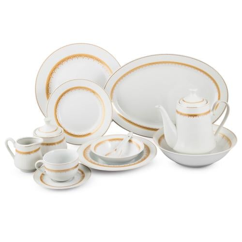طقم عشاء بورسلان مدور اطار مزخرف ذهبي 49 قطعة 6 اش...