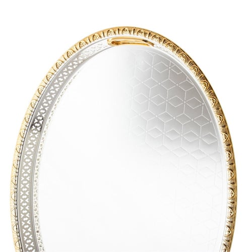 صينية تقديم من المعدن بيضاوي فضي خط ذهبي 55 سم