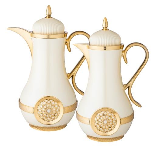 طقم ترامس 2 قطعة لؤلؤي وذهبي بديكور جنيه