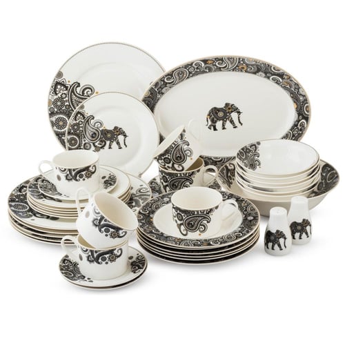 طقم سفرة بورسلان فاخر 40 قطعة مزخرف اسود 6 اشخاص