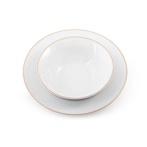 طقم سفرة بورسلان ابيض سادة بخط ذهبي 28 قطعة