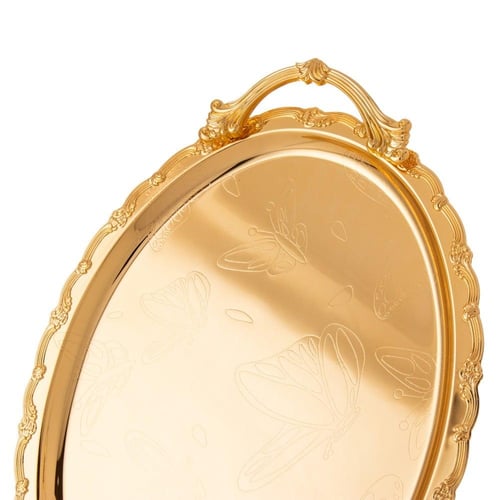 طقم صواني معدن منقوش ذهبي 3 قطعة