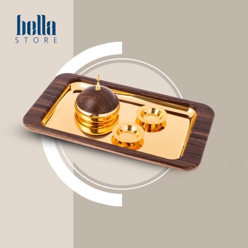 طقم تمرية فاخر مع صينية معدن خشبي ذهبي 4 قطعة