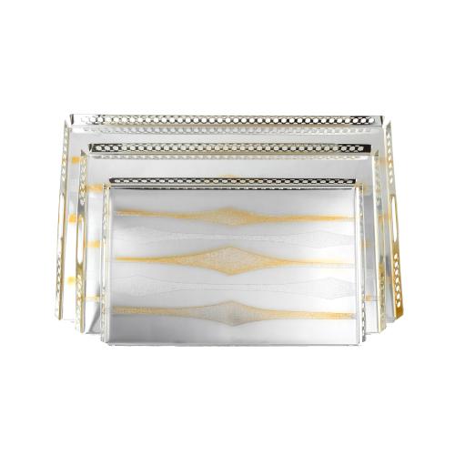 طقم صواني مستطيل بحواف مخرمة 3 قطع فضي ذهبي