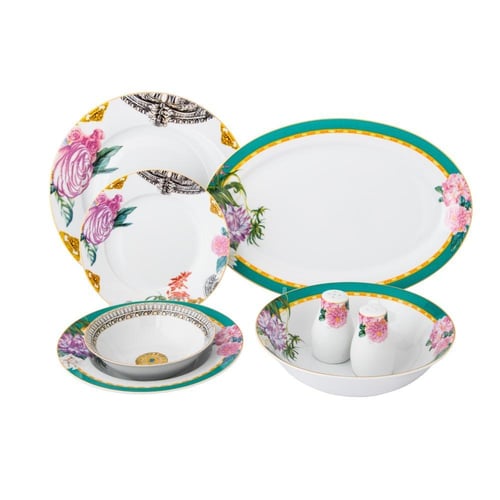 طقم سفرة بورسلان بنقشات ورود تركوازي 28 قطعة 6 اشخ...