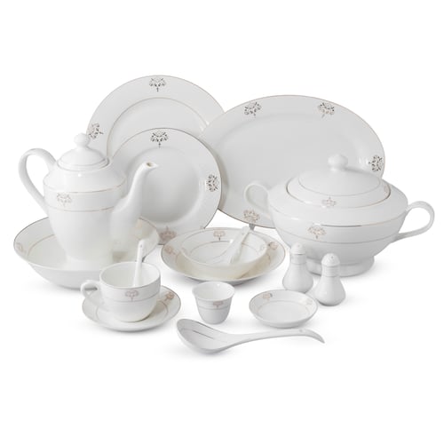 طقم سفرة بورسلان ابيض وذهبي مدور مزخرف 70 قطعة 6 ا...