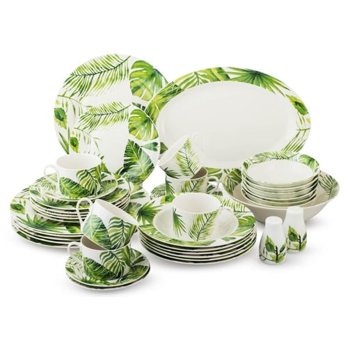 طقم سفرة بورسلان فاخر 40 قطعة اوراق الشجر اخضر 6 ا...