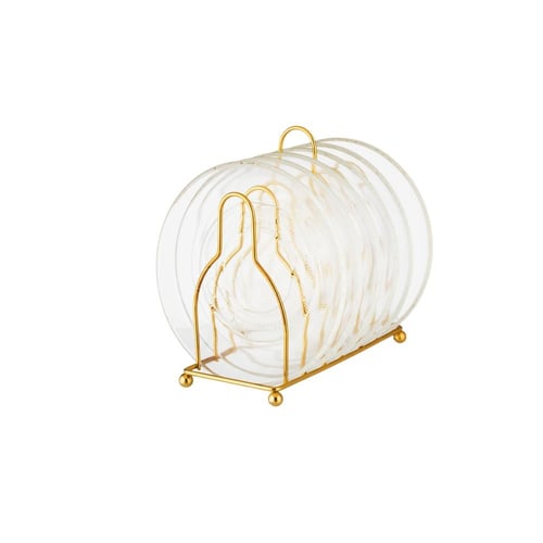 طقم صحون حلى من الزجاج على استاند ذهبي مكون من 6 ص...