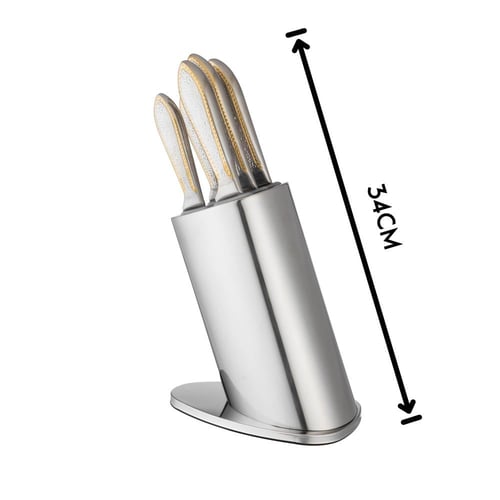 طقم سكاكين تقطيع استيل وذهبي مثلج 5 قطعة مع استاند