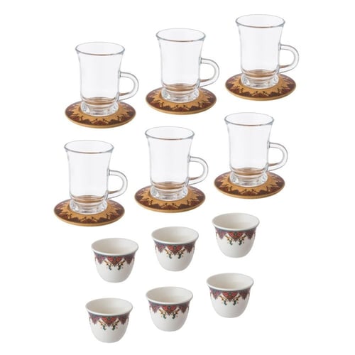 طقم فناجين شاي وقهوة 18 قطعة صحن خشب