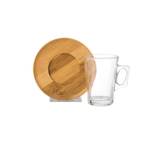 طقم فناجين شاي زجاج 6 فناجين + 6 صحون خشب