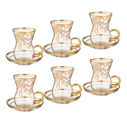 طقم شاي كريستال تركي فاخر 6 كاسات + 6 صحون