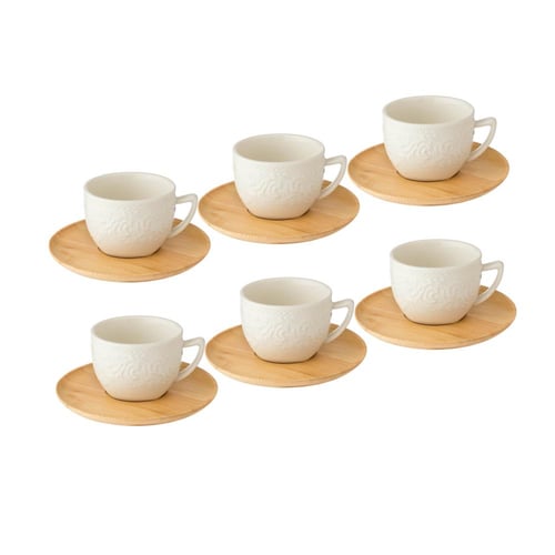 طقم فناجين قهوة تركي ابيض صحن خشبي 6 اشخاص