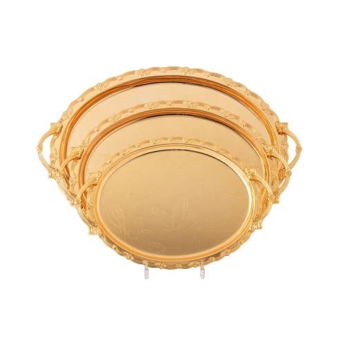 طقم صواني معدن منقوش ذهبي 3 قطعة